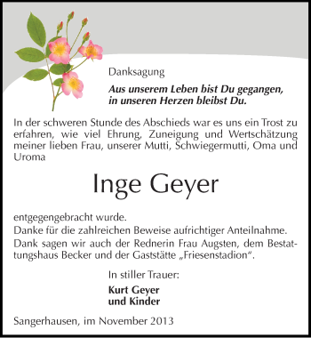 Traueranzeige von Inge Geyer von Mitteldeutsche Zeitung Sangerhausen